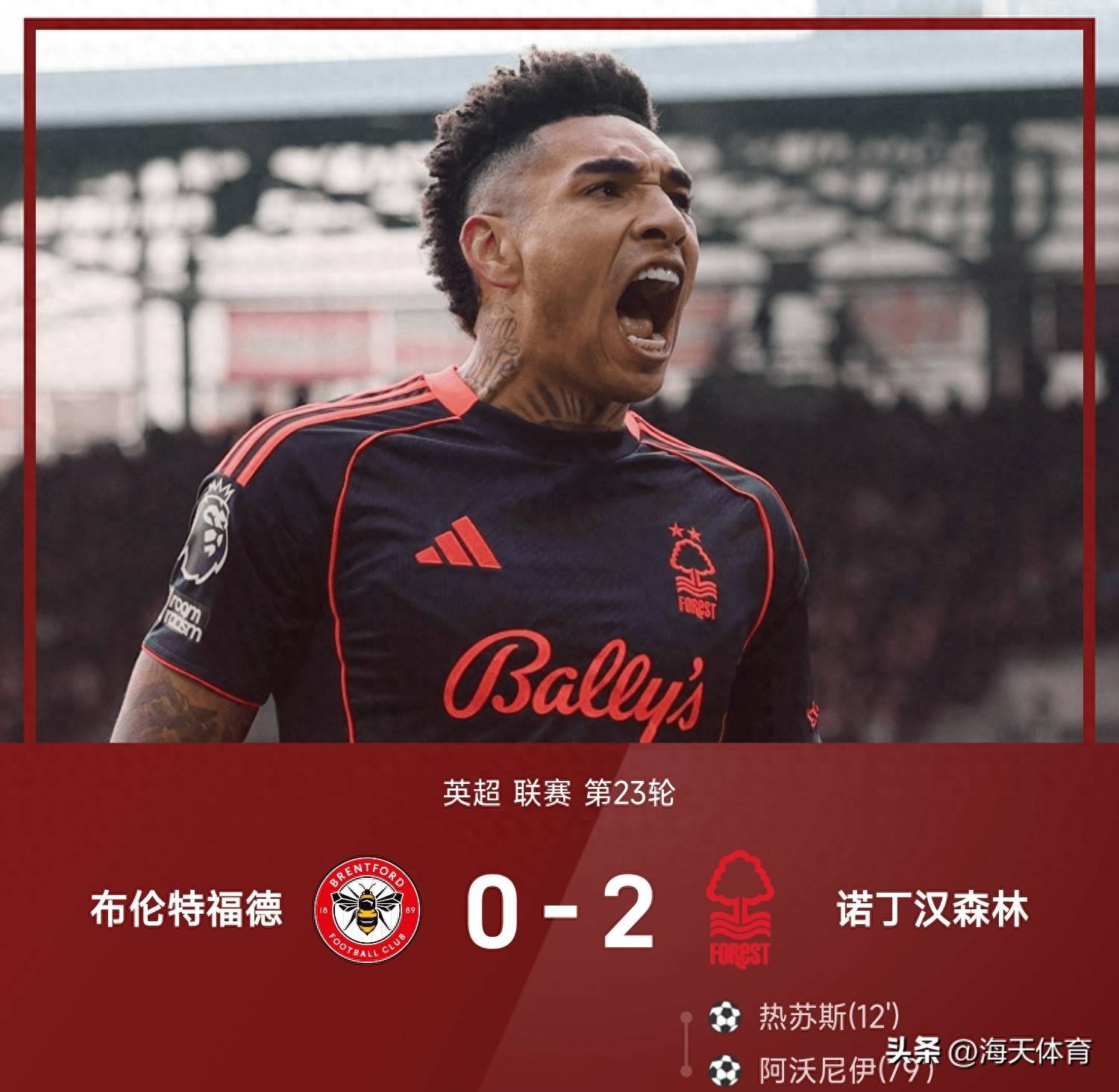 世界杯预测-英超爆冷！0-2热苏斯破门，阿沃尼伊制胜球！森林客胜小蜜蜂！